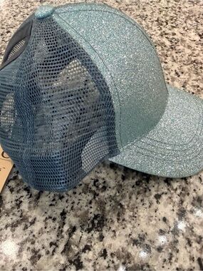 Kids Glitter Blue Mesh Trucker pony tall Hat - Light Blue exclusive